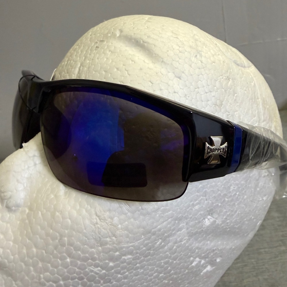 Choppers Sunglasses Men OS Black Gloss Blue Mirror Biker Wrap UV400 Cross Logo